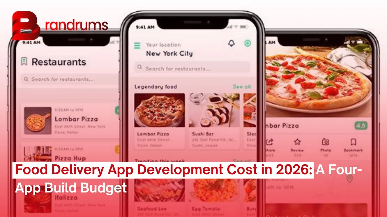 Food delivery app development cost breakdown across customer app, restaurant app, courier app, and admin dashboard on a 2026 product team's screen