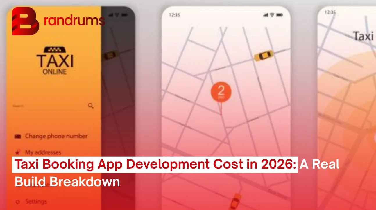 Taxi booking app development cost dashboard showing rider app, driver app, and admin panel mockups with pricing tiers