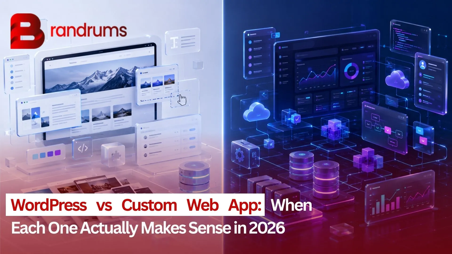 Side-by-side comparison of a WordPress site and a custom Next.js web app dashboard for the same business