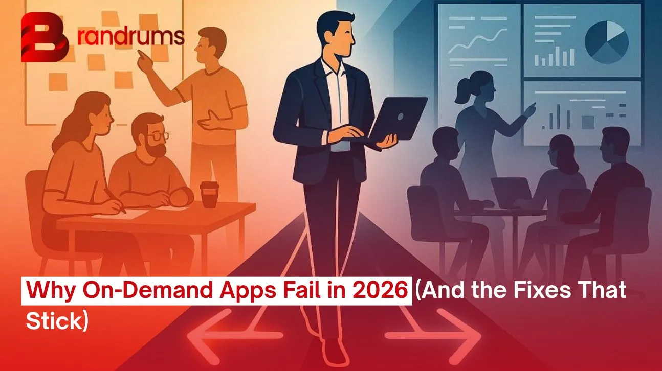 Founder reviewing a dashboard showing why on-demand apps fail, with charts for CAC, LTV, supply gaps, and retention drop-off