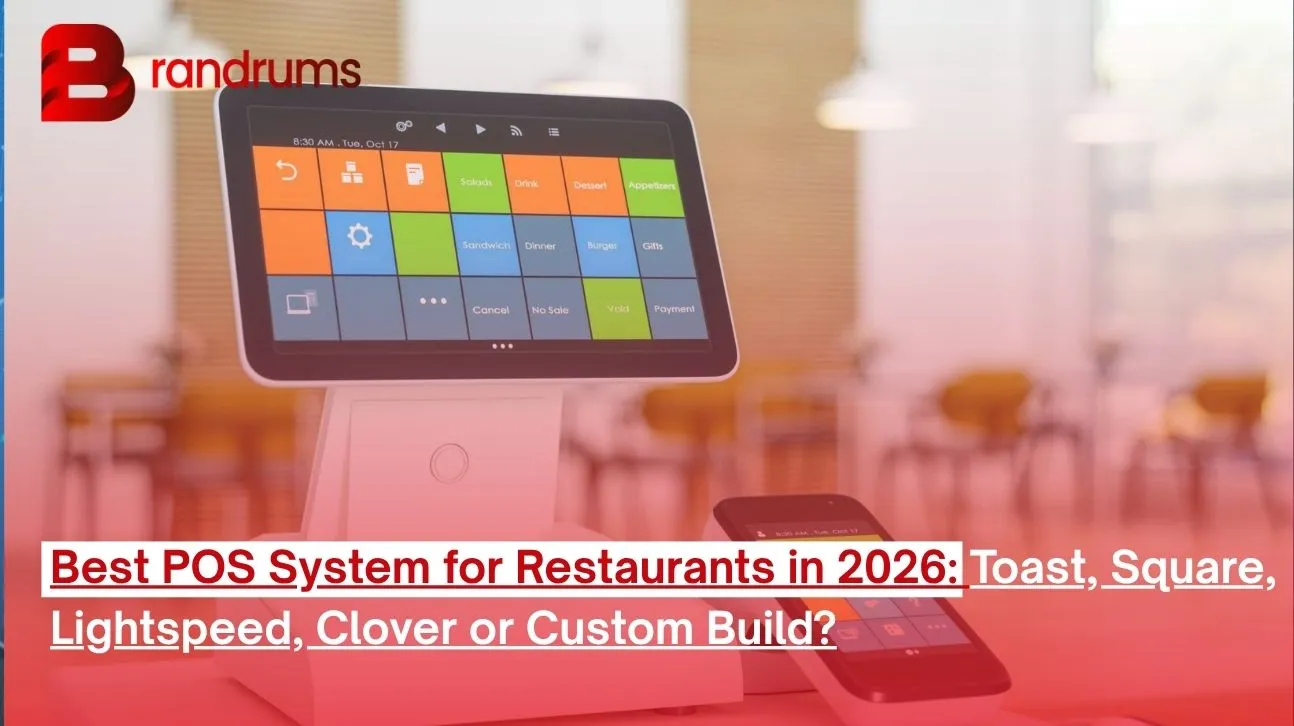 Restaurant manager comparing best POS system for restaurant options on a tablet next to a Toast and Square terminal at the host stand