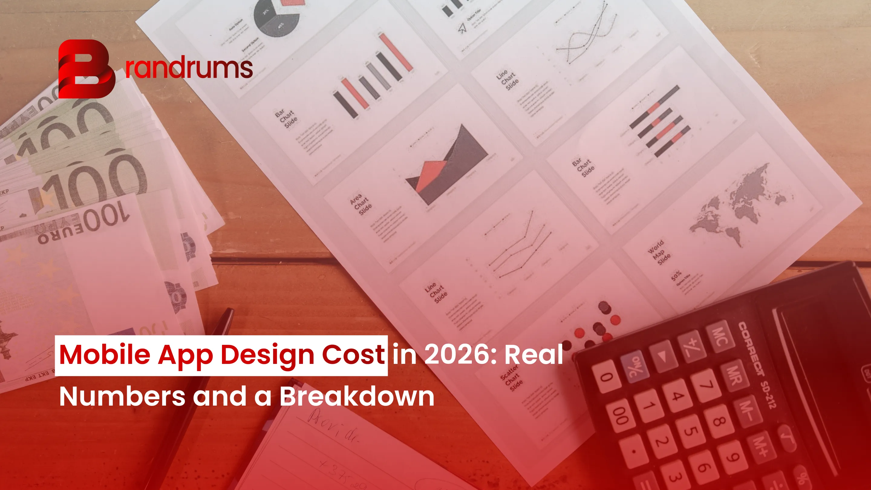 Mobile app design cost breakdown chart on a designer's screen with wireframes and pricing tiers visible