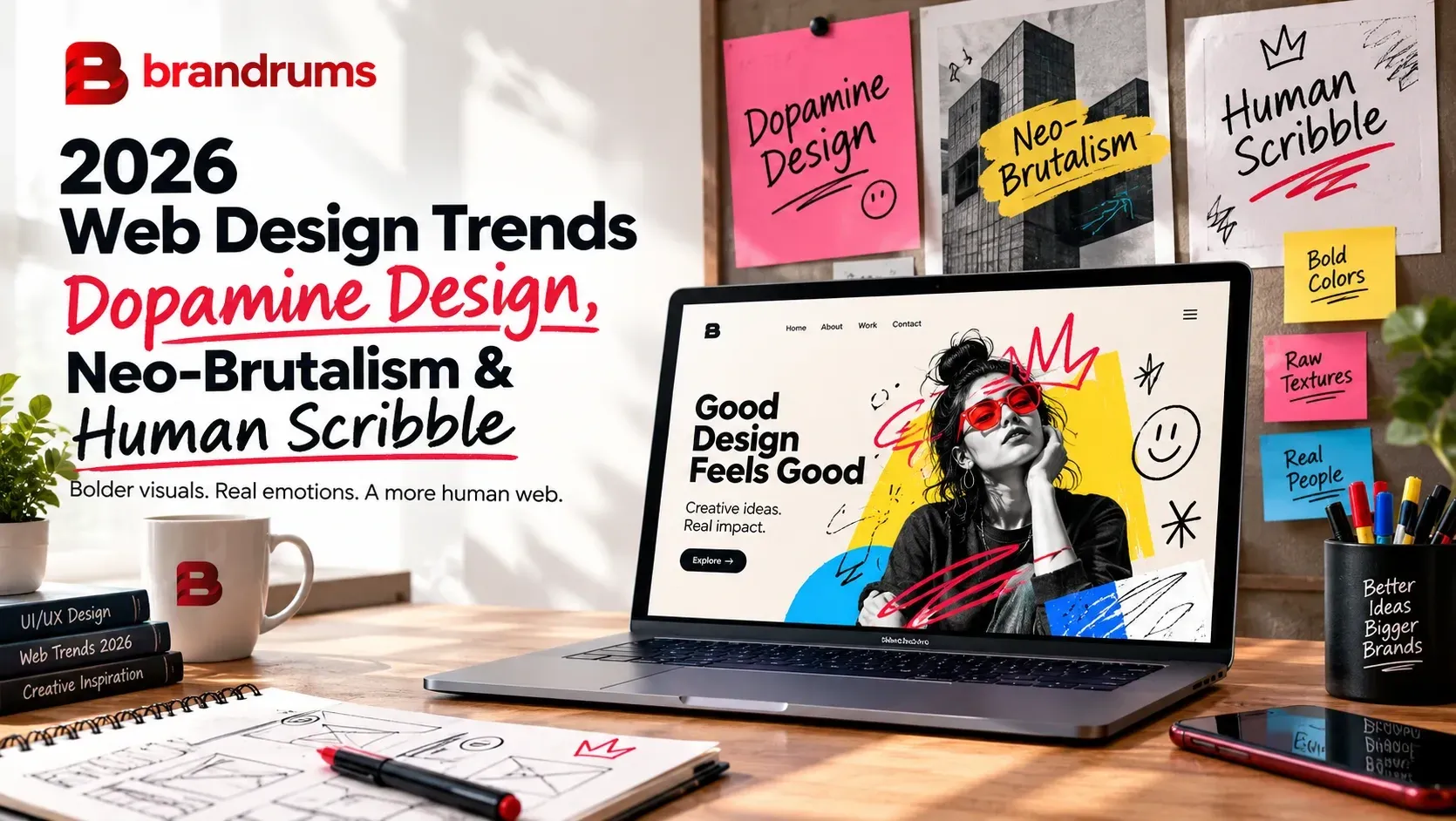 2026 Web Design Trends: Dopamine Design, Neo-Brutalism & Human Scribble — featured image 2026 web design trends featuring dopamine design, neo brutalism and human scribble