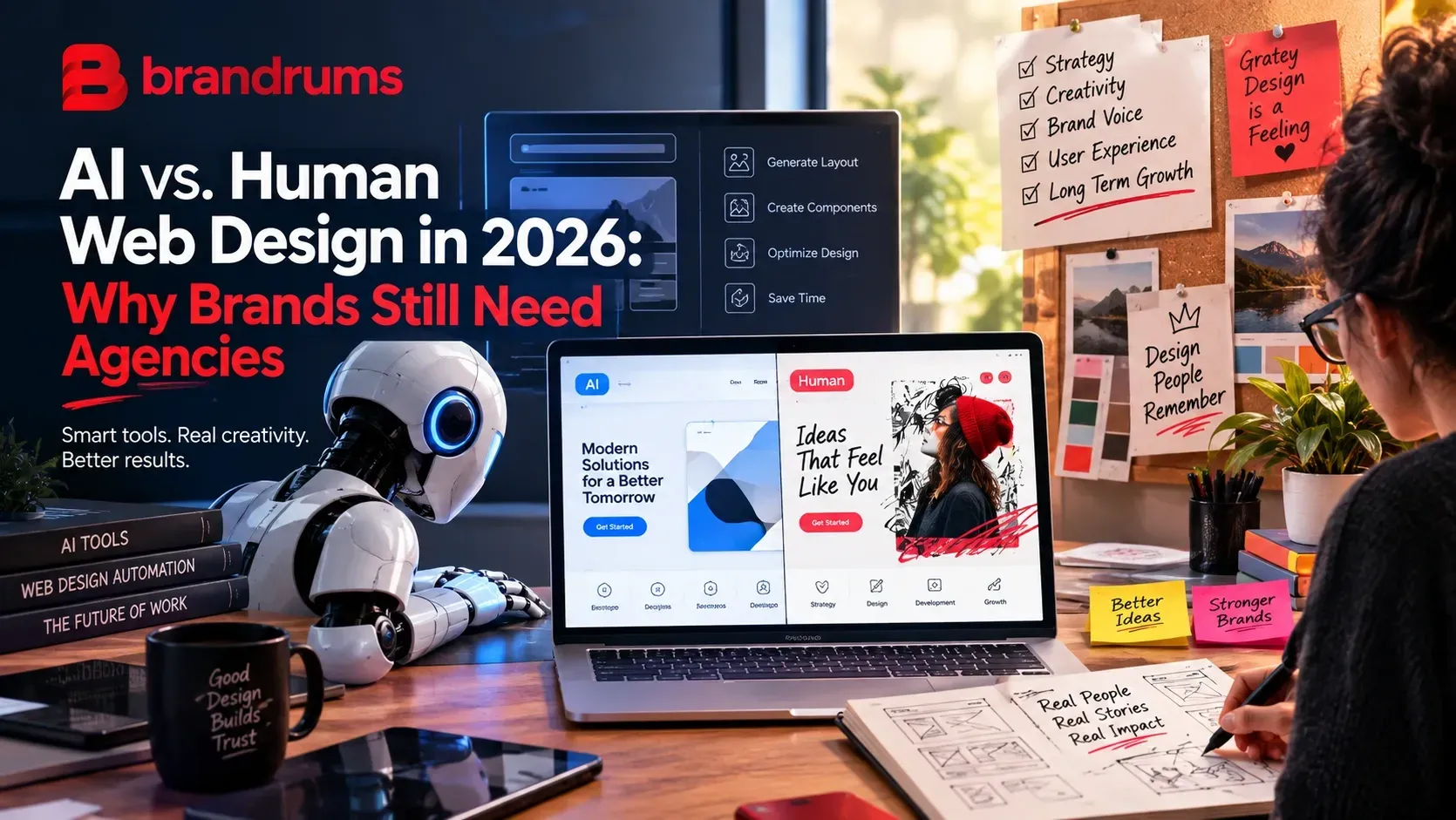 AI vs. Human Web Design in 2026: Why Brands Still Need Agencies — featured image AI vs human web design in 2026 showing AI technology and creative web designers